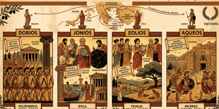 Infografía de los cuatro pueblos griegos antiguos: dorios, jonios, eolios y aqueos. Muestra para cada pueblo su región de asentamiento, características principales,representantes históricos y contribuciones culturales. Dorios (guerreros, Esparta, orden dórico), Jonios (filósofos presocráticos, democracia ateniense, Tales, Anaximandro), Eolios (poesía, Safo, lyra, Lesbos) y Aqueos (legado micénico, Edad del Bronce, Guerra de Troya). Estilo infográfico educativo con decoraciones de meandros griegos.