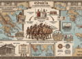 Los dorios en la Antigua Grecia: territorio, Esparta, orden dórico, expansión colonial y comparación con jonios. Infografía educativa con mapas y arquitectura.