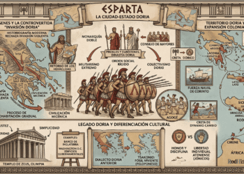 Los dorios en la Antigua Grecia: territorio, Esparta, orden dórico, expansión colonial y comparación con jonios. Infografía educativa con mapas y arquitectura.