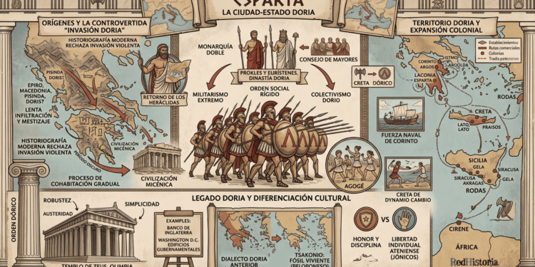 Los dorios en la Antigua Grecia: territorio, Esparta, orden dórico, expansión colonial y comparación con jonios. Infografía educativa con mapas y arquitectura.