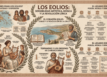 Los eolios: Safo como "Décima musa", poesía lírica personal, estrofa sáfica, Alceo patriótico, Terpandro y música griega, lira de siete cuerdas, dialecto Eolio, legado 2.500 años de poesía lírica occidental.