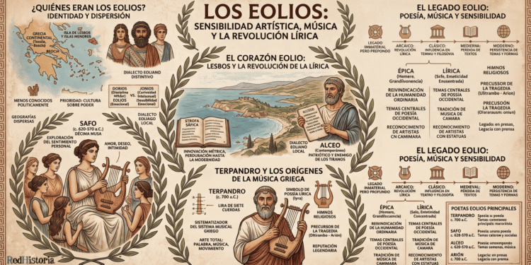 Los eolios: Safo como "Décima musa", poesía lírica personal, estrofa sáfica, Alceo patriótico, Terpandro y música griega, lira de siete cuerdas, dialecto Eolio, legado 2.500 años de poesía lírica occidental.