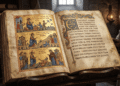 Evangelio de la Infancia en manuscrito iluminado griego medieval, tres paneles mostrando milagros de Jesús niño: pájaros de arcilla volando, castigo de niño, resurrección de muerto. Códice con iconografía ortodoxa, texto griego antiguo, ilustraciones doradas sobre pergamino, recreación de textos apócrifos cristianos