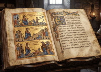 Evangelio de la Infancia en manuscrito iluminado griego medieval, tres paneles mostrando milagros de Jesús niño: pájaros de arcilla volando, castigo de niño, resurrección de muerto. Códice con iconografía ortodoxa, texto griego antiguo, ilustraciones doradas sobre pergamino, recreación de textos apócrifos cristianos