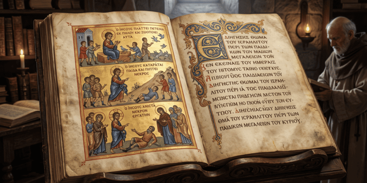 Evangelio de la Infancia en manuscrito iluminado griego medieval, tres paneles mostrando milagros de Jesús niño: pájaros de arcilla volando, castigo de niño, resurrección de muerto. Códice con iconografía ortodoxa, texto griego antiguo, ilustraciones doradas sobre pergamino, recreación de textos apócrifos cristianos