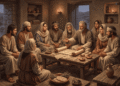 Comunidad ebionita primitiva en reunión de estudio de la ley, rodeada de pergaminos y alimentos vegetarianos, en una casa rural de Transjordania, leyendo el Evangelio de los Ebionitas