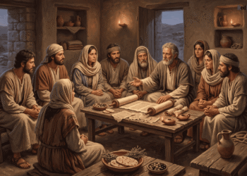 Comunidad ebionita primitiva en reunión de estudio de la ley, rodeada de pergaminos y alimentos vegetarianos, en una casa rural de Transjordania, leyendo el Evangelio de los Ebionitas