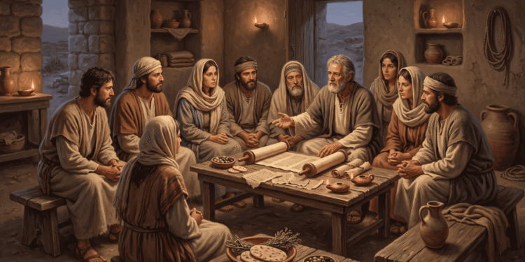 Comunidad ebionita primitiva en reunión de estudio de la ley, rodeada de pergaminos y alimentos vegetarianos, en una casa rural de Transjordania, leyendo el Evangelio de los Ebionitas