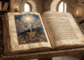 Apócrifo de Juan manuscrito iluminado griego, cosmología gnóstica con Monad radiante en círculo dorado, Sofía y arcontes en niveles inferiores, cosmología gnóstica pura, texto griego antiguo, iconografía teológica medieval, recreación de textos gnósticos Nag Hammadi
