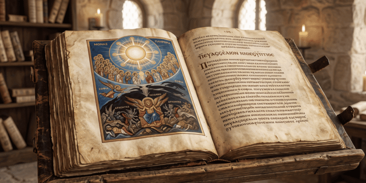 Apócrifo de Juan manuscrito iluminado griego, cosmología gnóstica con Monad radiante en círculo dorado, Sofía y arcontes en niveles inferiores, cosmología gnóstica pura, texto griego antiguo, iconografía teológica medieval, recreación de textos gnósticos Nag Hammadi