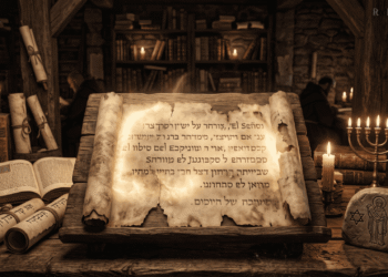 Manuscrito antiguo con texto hebreo del Evangelio de los Hebreos, rodeado de pergaminos, menorah y símbolos del cristianismo judío primitivo