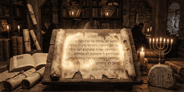 Manuscrito antiguo con texto hebreo del Evangelio de los Hebreos, rodeado de pergaminos, menorah y símbolos del cristianismo judío primitivo