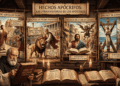 Infografía: Hechos Apócrifos del Nuevo Testamento comparados con el Hechos canónico. Muestra narrativas de Tomás (India, ascetismo), Pedro (Roma, crucifixión inversa), Juan (Éfeso, misticismo), Andrés y Felipe (martirios). Erudito con libro de Hechos canónico como referencia.