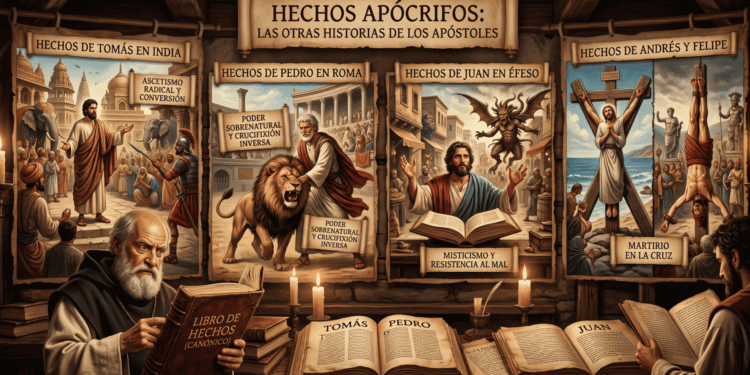 Infografía: Hechos Apócrifos del Nuevo Testamento comparados con el Hechos canónico. Muestra narrativas de Tomás (India, ascetismo), Pedro (Roma, crucifixión inversa), Juan (Éfeso, misticismo), Andrés y Felipe (martirios). Erudito con libro de Hechos canónico como referencia.