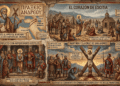 Infografía narrativa: Hechos de Andrés. Muestra predicación en Escitia (tierra de bárbaros), llevando fe a pueblos abandonados, conversiones contemplativas y construcción de iglesia, conflicto con autoridades locales, arresto y condena por desestabilizar orden social, crucifixión en cruz de X como acto de humildad y transformación de la cruz en símbolo de redención y fe en las fronteras.