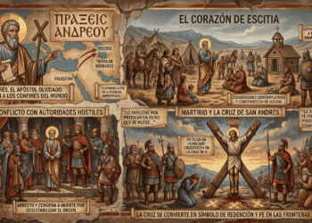 Infografía narrativa: Hechos de Andrés. Muestra predicación en Escitia (tierra de bárbaros), llevando fe a pueblos abandonados, conversiones contemplativas y construcción de iglesia, conflicto con autoridades locales, arresto y condena por desestabilizar orden social, crucifixión en cruz de X como acto de humildad y transformación de la cruz en símbolo de redención y fe en las fronteras.