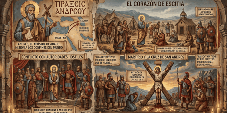 Infografía narrativa: Hechos de Andrés. Muestra predicación en Escitia (tierra de bárbaros), llevando fe a pueblos abandonados, conversiones contemplativas y construcción de iglesia, conflicto con autoridades locales, arresto y condena por desestabilizar orden social, crucifixión en cruz de X como acto de humildad y transformación de la cruz en símbolo de redención y fe en las fronteras.