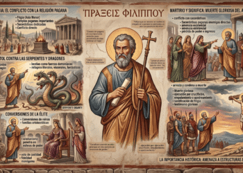 Infografía narrativa: Hechos de Felipe. Muestra misión a Frigia (templos paganos, sacerdotisas), batalla del apóstol contra serpientes demoníacas y dragón gigante, conversiones de reinas y familias aristocráticas a cristianismo, conflicto con sacerdotisas que pierden poder e ingresos, arresto y martirio glorioso (crucifixión, empalamiento o apedreamiento) y santificación de Frigia por su sacrificio.