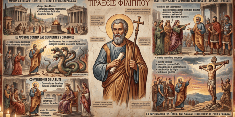 Infografía narrativa: Hechos de Felipe. Muestra misión a Frigia (templos paganos, sacerdotisas), batalla del apóstol contra serpientes demoníacas y dragón gigante, conversiones de reinas y familias aristocráticas a cristianismo, conflicto con sacerdotisas que pierden poder e ingresos, arresto y martirio glorioso (crucifixión, empalamiento o apedreamiento) y santificación de Frigia por su sacrificio.