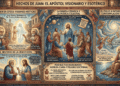 Infografía narrativa: Hechos de Juan. Muestra visiones místicas en Éfeso con Jesús inmaterial/fantasmal, ambigua aparición corporal (docetismo), danza cósmica y música celestial como participación espiritual, Juan viendo crucifixión como ilusión espiritual, exilio contemplativo a Patmos con niveles de realidad espiritual y rechazo por herejía doctrinal clara (gnosticismo, negación de encarnación ortodoxa).