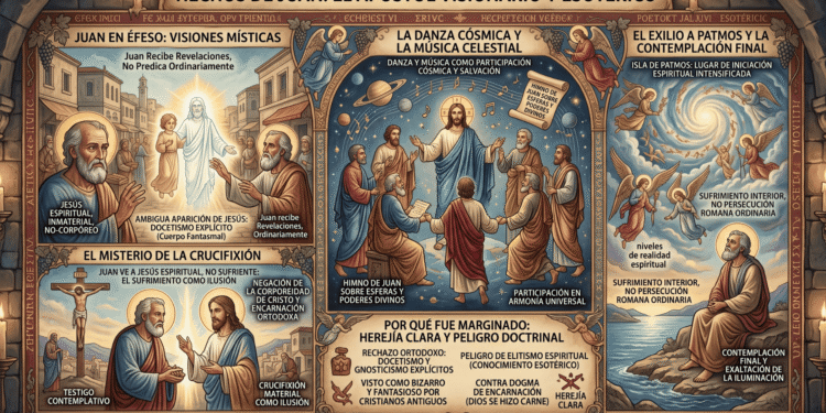 Infografía narrativa: Hechos de Juan. Muestra visiones místicas en Éfeso con Jesús inmaterial/fantasmal, ambigua aparición corporal (docetismo), danza cósmica y música celestial como participación espiritual, Juan viendo crucifixión como ilusión espiritual, exilio contemplativo a Patmos con niveles de realidad espiritual y rechazo por herejía doctrinal clara (gnosticismo, negación de encarnación ortodoxa).