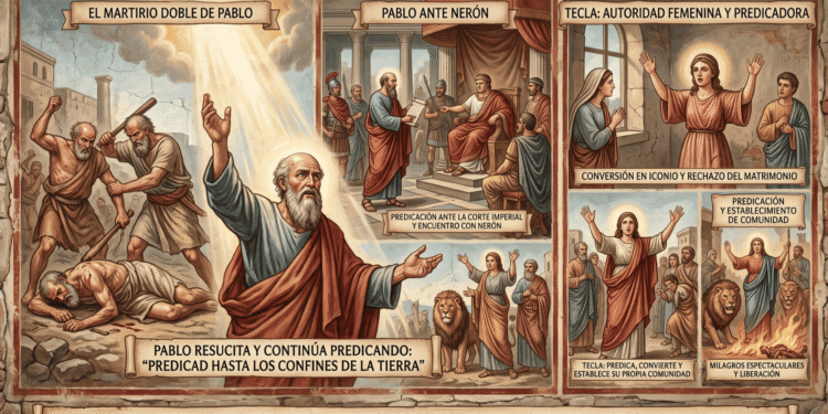 Infografía narrativa: Hechos de Pablo. Muestra martirio doble (golpes, resurrección, predicación continua), encuentro ante Nerón con predicación imperial, y Tecla como predicadora independiente (conversión en ícono, rechazo del matrimonio, milagros con leones, establecimiento de comunidad propia).