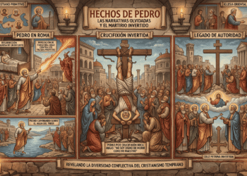 Infografía narrativa: Hechos de Pedro. Muestra resistencia al poder político en Roma, milagros (fuego del cielo contra falsos profetas, resurrecciones, caminata sobre Tíber), crucifixión invertida boca abajo por humildad, legado de autoridad papal, y conflicto entre iglesia Oriental y Occidental sobre primado petrino. Cruz petrina invertida como símbolo duradero.