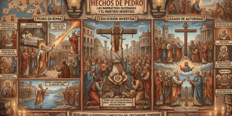 Infografía narrativa: Hechos de Pedro. Muestra resistencia al poder político en Roma, milagros (fuego del cielo contra falsos profetas, resurrecciones, caminata sobre Tíber), crucifixión invertida boca abajo por humildad, legado de autoridad papal, y conflicto entre iglesia Oriental y Occidental sobre primado petrino. Cruz petrina invertida como símbolo duradero.