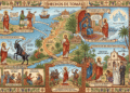 Infografía narrativa: Hechos de Tomás. Muestra viaje desde Palestina a India como esclavo, expulsión de demonios, curaciones milagrosas, conversión de príncipe (palacio en el cielo), establecimiento de iglesia de Santo Tomás, martirio por lanzas, y continuidad histórica con iglesia actual en Kerala. Incluye teología ascética radical.