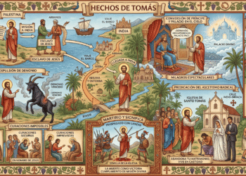 Infografía narrativa: Hechos de Tomás. Muestra viaje desde Palestina a India como esclavo, expulsión de demonios, curaciones milagrosas, conversión de príncipe (palacio en el cielo), establecimiento de iglesia de Santo Tomás, martirio por lanzas, y continuidad histórica con iglesia actual en Kerala. Incluye teología ascética radical.
