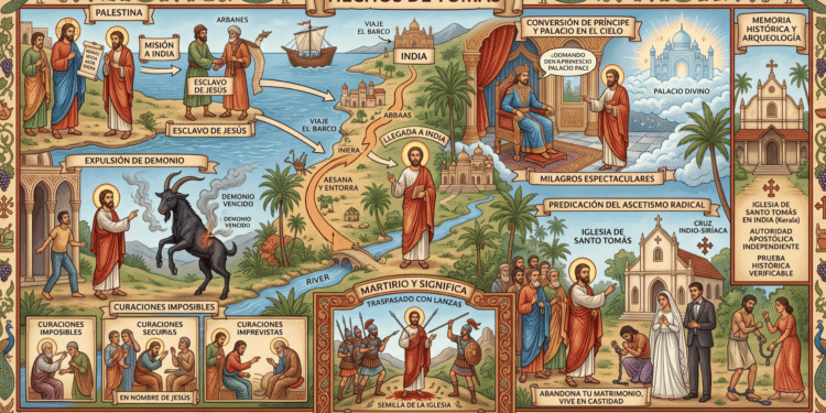 Infografía narrativa: Hechos de Tomás. Muestra viaje desde Palestina a India como esclavo, expulsión de demonios, curaciones milagrosas, conversión de príncipe (palacio en el cielo), establecimiento de iglesia de Santo Tomás, martirio por lanzas, y continuidad histórica con iglesia actual en Kerala. Incluye teología ascética radical.
