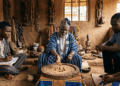 Babalao realizando consulta de Ifá tradicional con tablero de adivinación en Nigeria, mostrando la transmisión oral y especialización del sistema yoruba.