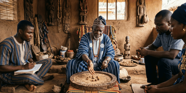 Babalao realizando consulta de Ifá tradicional con tablero de adivinación en Nigeria, mostrando la transmisión oral y especialización del sistema yoruba.