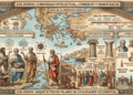 Los jonios: filosofía presocráticos, comercio marítimo, democracia ateniense y legado cultural. Infografía educativa con mapas, filósofos, arquitectura y evolución del dialecto jónico.