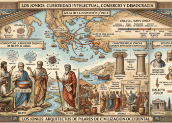 Los jonios: filosofía presocráticos, comercio marítimo, democracia ateniense y legado cultural. Infografía educativa con mapas, filósofos, arquitectura y evolución del dialecto jónico.