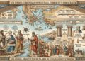 Los jonios: filosofía presocráticos, comercio marítimo, democracia ateniense y legado cultural. Infografía educativa con mapas, filósofos, arquitectura y evolución del dialecto jónico.