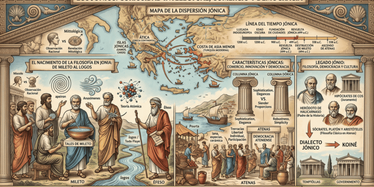 Los jonios: filosofía presocráticos, comercio marítimo, democracia ateniense y legado cultural. Infografía educativa con mapas, filósofos, arquitectura y evolución del dialecto jónico.