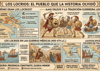 Infografía sobre los locrios: mapa de la Lócrida Oriental y Occidental, Ajax Oileus como héroe legendario, participación en Guerras Médicas (Artemisio, Termópilas, Salamina) y colonización de Locris Epicefiria en Italia (710 a.C.).