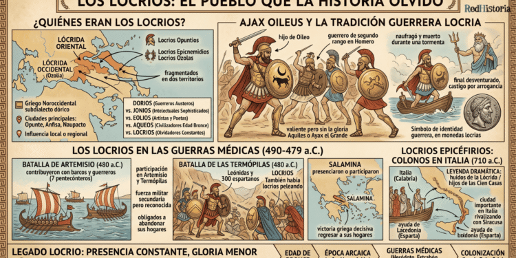 Infografía sobre los locrios: mapa de la Lócrida Oriental y Occidental, Ajax Oileus como héroe legendario, participación en Guerras Médicas (Artemisio, Termópilas, Salamina) y colonización de Locris Epicefiria en Italia (710 a.C.).