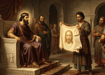 Pintura al estilo del siglo XIX que muestra al rey Abgar de Edesa, sentado en su trono, mientras su mensajero le presenta un paño con el rostro de Jesús impreso y una carta, ante cortesanos y soldados.