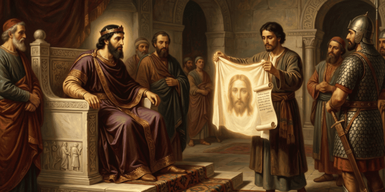 Pintura al estilo del siglo XIX que muestra al rey Abgar de Edesa, sentado en su trono, mientras su mensajero le presenta un paño con el rostro de Jesús impreso y una carta, ante cortesanos y soldados.