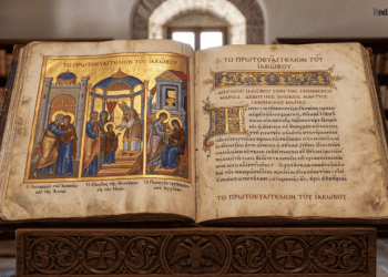Protoevangelio de Santiago en manuscrito iluminado griego con iconografía ortodoxa, texto en griego antiguo, ilustraciones de oro de infancia de María y presentación en templo, códice medieval abierto sobre pedestal tallado en iglesia ortodoxa, recreación artística de textos apócrifos cristianos