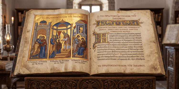 Protoevangelio de Santiago en manuscrito iluminado griego con iconografía ortodoxa, texto en griego antiguo, ilustraciones de oro de infancia de María y presentación en templo, códice medieval abierto sobre pedestal tallado en iglesia ortodoxa, recreación artística de textos apócrifos cristianos