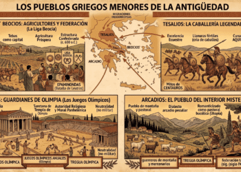 Infografía sobre pueblos griegos menores: Beocios (agricultura y Liga Beocia con Tebas y Epaminondas), Tesalios (caballería legendaria y centauros), Eleos (guardianes de Olimpia y juegos olímpicos), Arcadios (pueblo de montaña y pastor con Pan en la mitología).