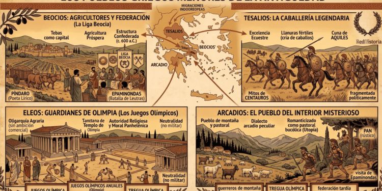 Infografía sobre pueblos griegos menores: Beocios (agricultura y Liga Beocia con Tebas y Epaminondas), Tesalios (caballería legendaria y centauros), Eleos (guardianes de Olimpia y juegos olímpicos), Arcadios (pueblo de montaña y pastor con Pan en la mitología).