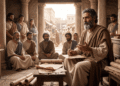 Recreación de Basílides, un maestro de barba canosa y manto marrón enseñando a un grupo de discípulos, hombres y mujeres, en una sala con columnas llena de rollos de papiro y lámparas de aceite, con una calle concurrida de una ciudad antigua al fondo.