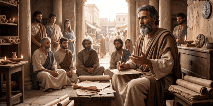 Recreación de Basílides, un maestro de barba canosa y manto marrón enseñando a un grupo de discípulos, hombres y mujeres, en una sala con columnas llena de rollos de papiro y lámparas de aceite, con una calle concurrida de una ciudad antigua al fondo.