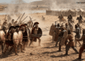 Ilustración de un combate de la batalla de Platea entre hoplitas espartanos contra tropas persas en una llanura seca. A la izquierda, hoplitas con escudos de bronce marcados con lambda y cascos corintios; en el centro, un comandante espartano con espada alzada; a la derecha, combatientes persas con escudos de mimbre y al fondo, un campamento con empalizada de madera y jinetes.