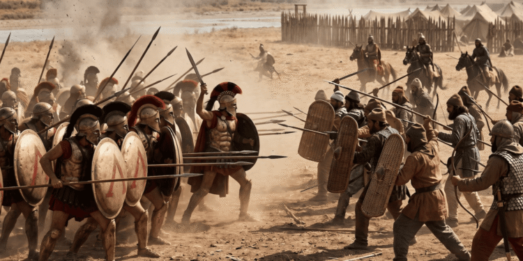 Ilustración de un combate de la batalla de Platea entre hoplitas espartanos contra tropas persas en una llanura seca. A la izquierda, hoplitas con escudos de bronce marcados con lambda y cascos corintios; en el centro, un comandante espartano con espada alzada; a la derecha, combatientes persas con escudos de mimbre y al fondo, un campamento con empalizada de madera y jinetes.