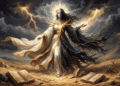 Representación de El trueno una mente perfecta como una figura femenina en un desierto bajo una tormenta de rayos: una mitad de su cuerpo viste de blanco y oro, con corona y halo, y la otra mitad es oscura y se deshace en ramas secas, mientras a sus pies hay libros y papiros antiguos esparcidos por la arena.